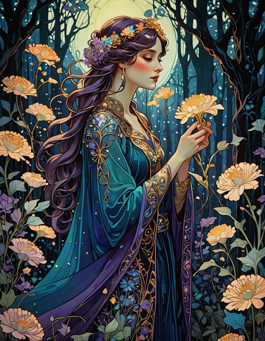 Art Nouveau Woman with Fluorescent Flowers