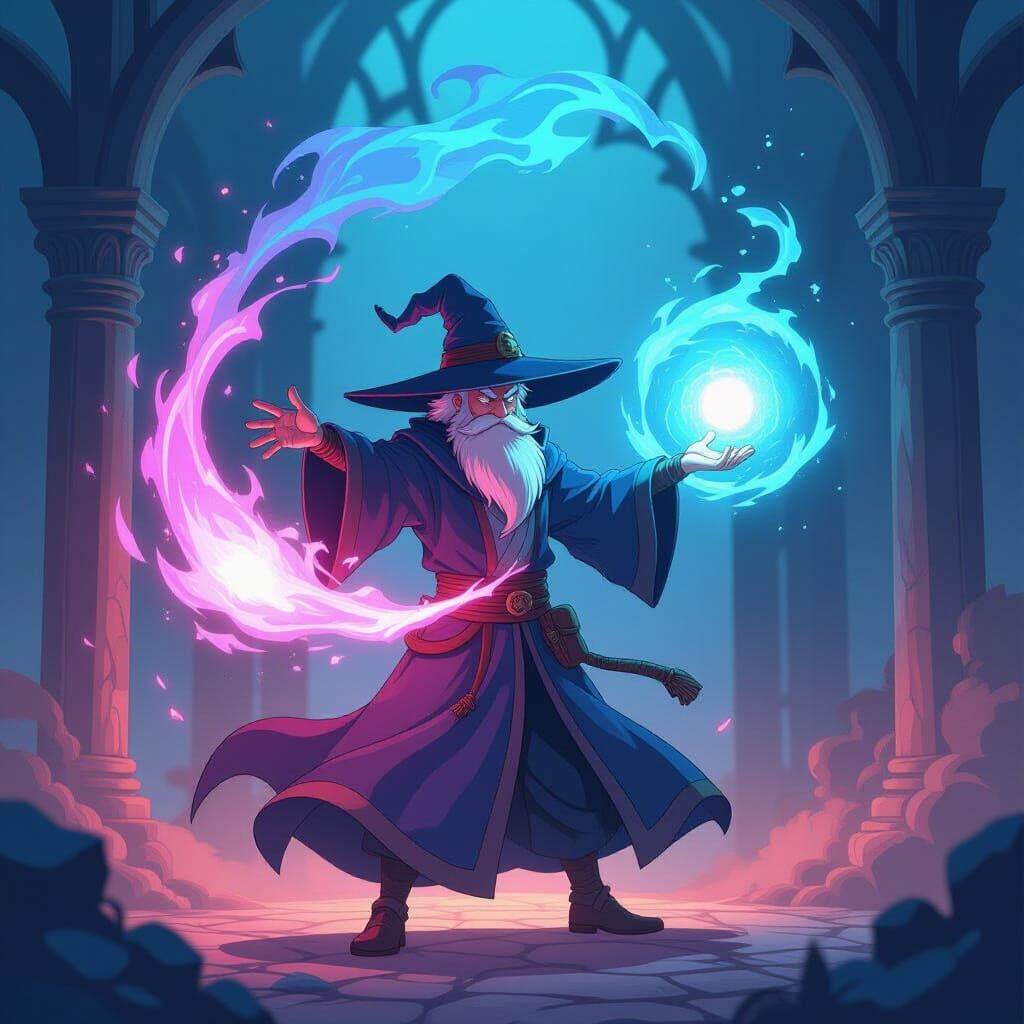 Powerful Wizard Conjuring Spell in Manga Style