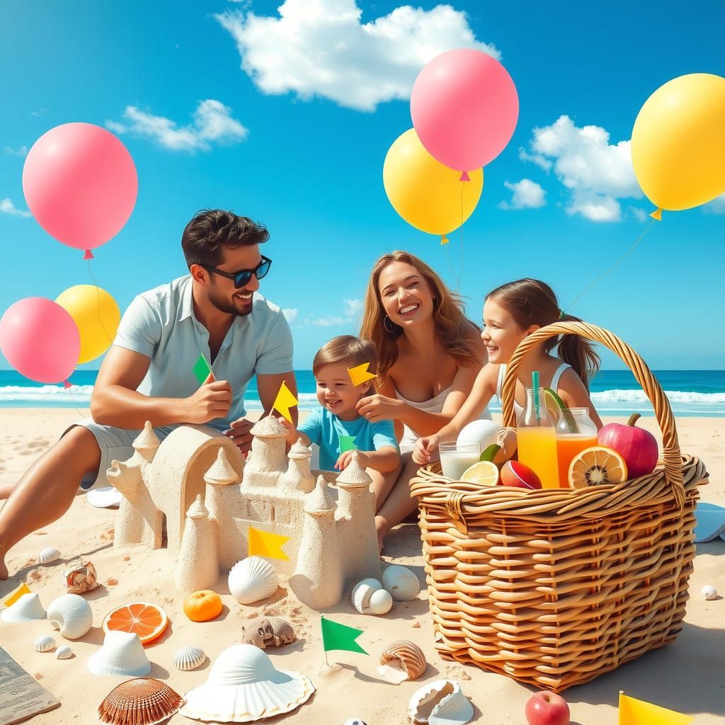 Colorful Beach Scene with Happy Family and Vibrant Landscape