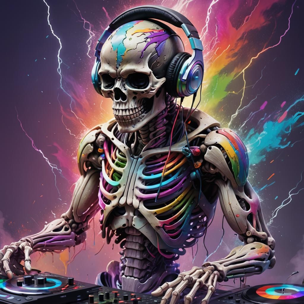 Muscular Skeleton DJ in Rainbow Thunder, Hyperrealistic Art