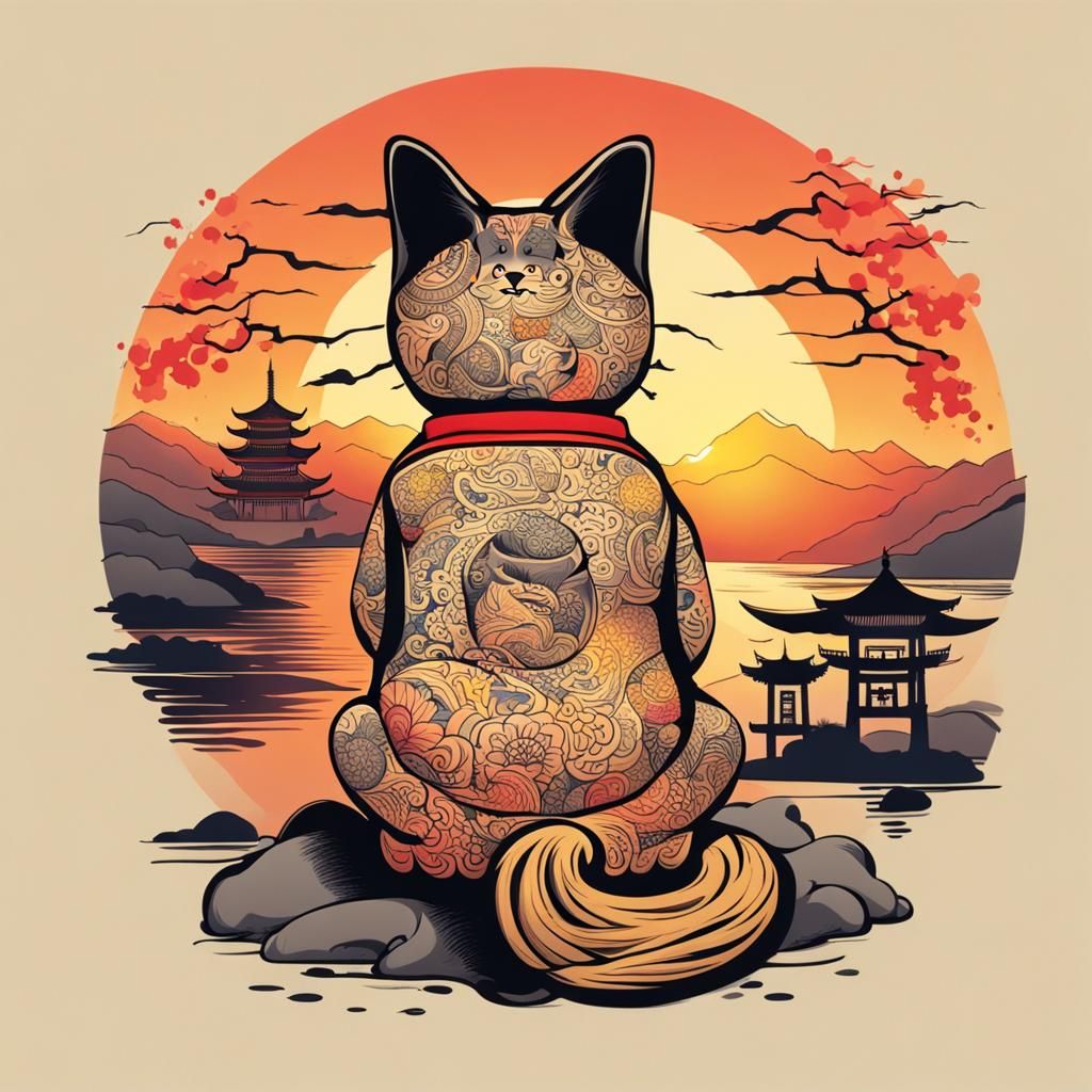 Lucky Tattooed Cat Watching the Sunset