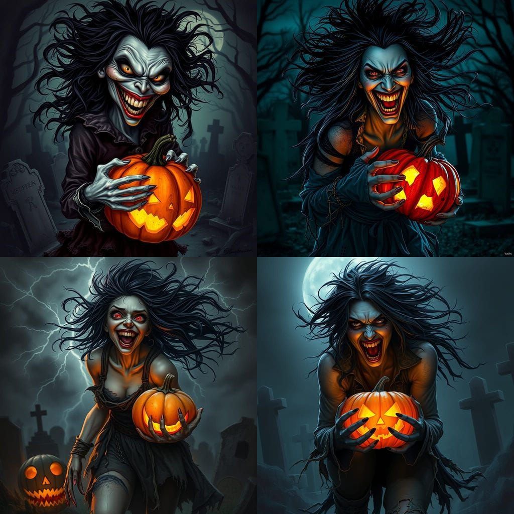 Sinister Woman With Glowing Pumpkin in Graveyard