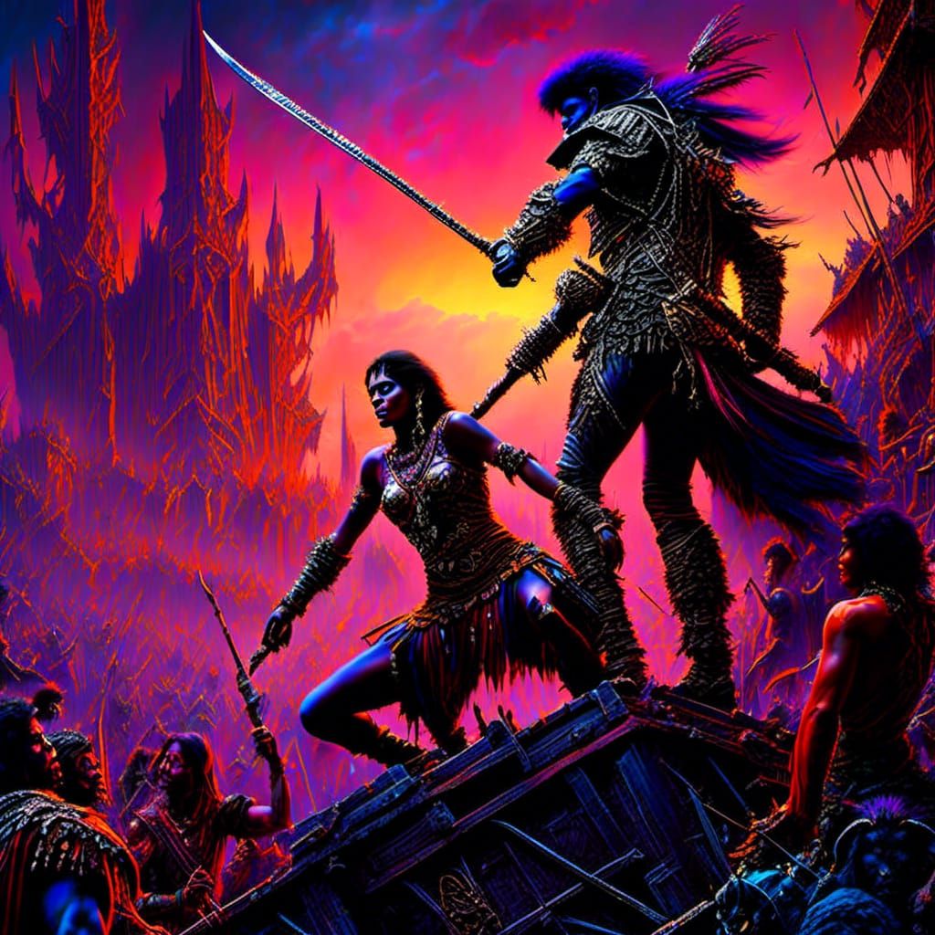 Epic Clash of Heroes in Hyperrealistic Dark Fantasy