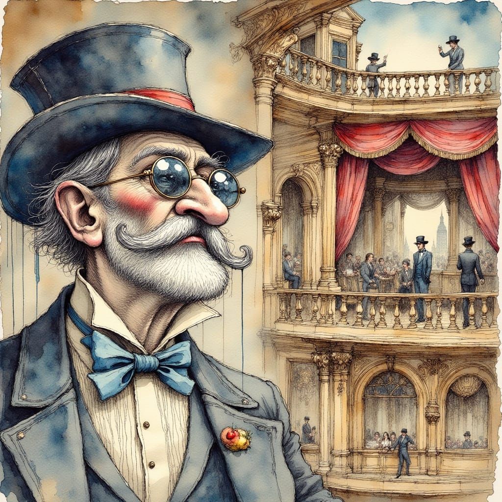 <lora:Ink Poet:1.0> An aristocratic, smug expression, monocle, in a luxurious opera balcony  in the style of Sempé