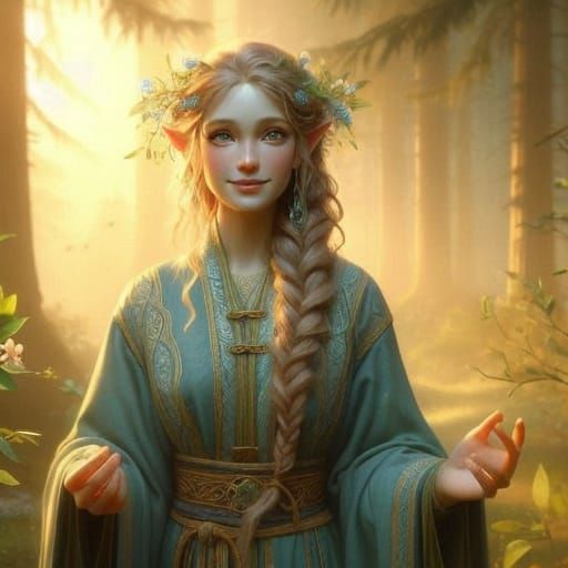 Ethereal Elven Cleric in Art Nouveau Style
