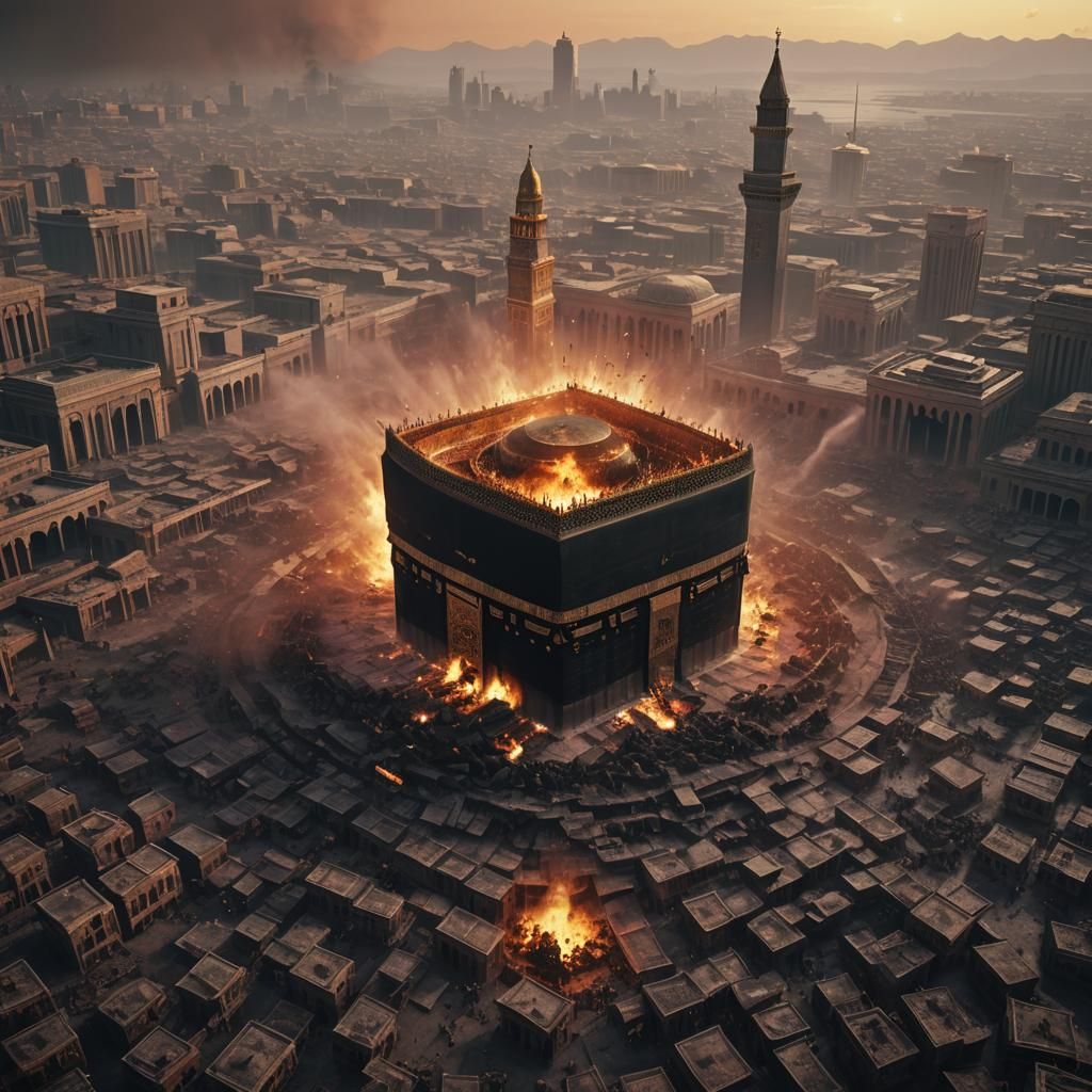 Dystopian Kaaba Topped with Rotten Fish: Cinematic Still