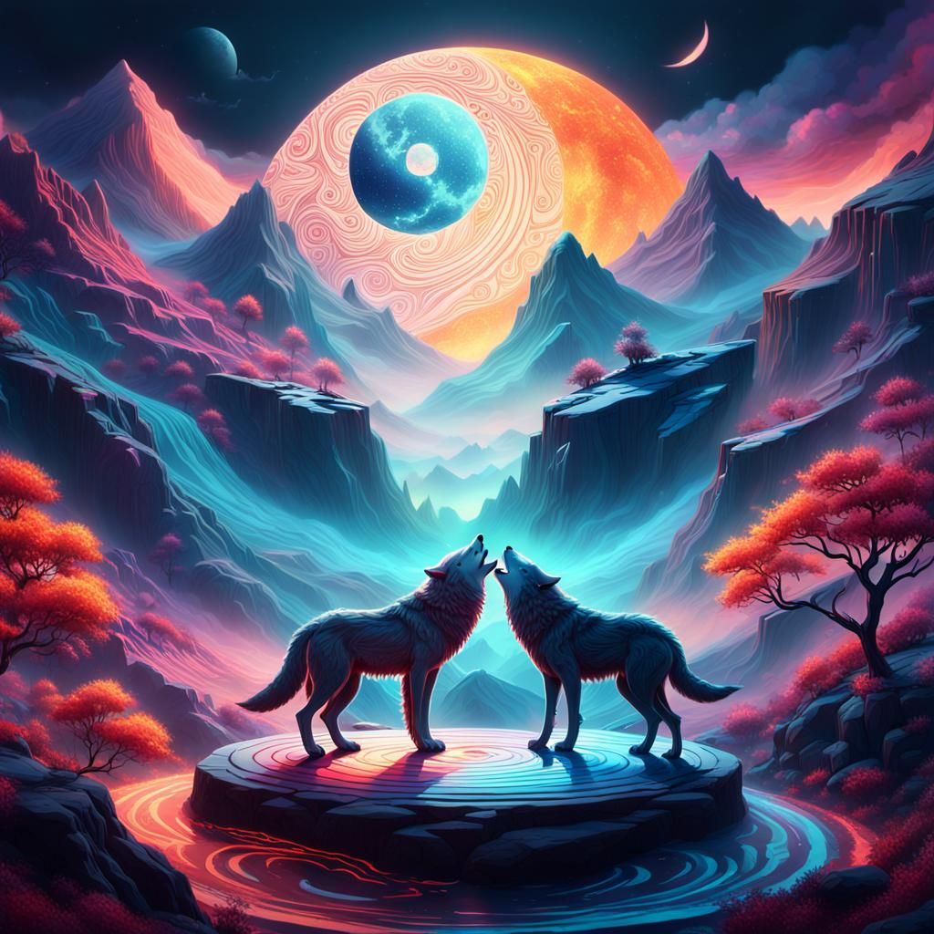 Eternal Wolves in a Vibrant Yin & Yang Circle