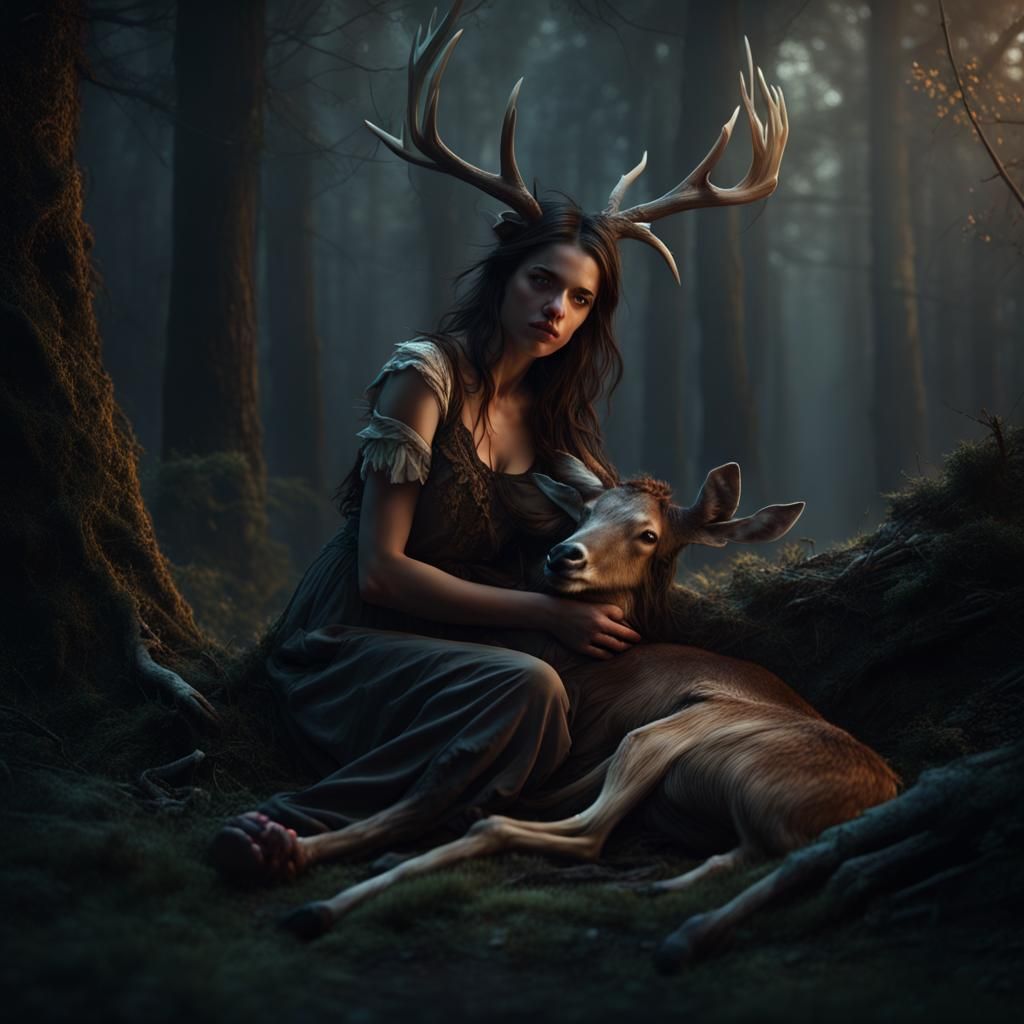 Sad Girl Cradles Deer in Dark Forest