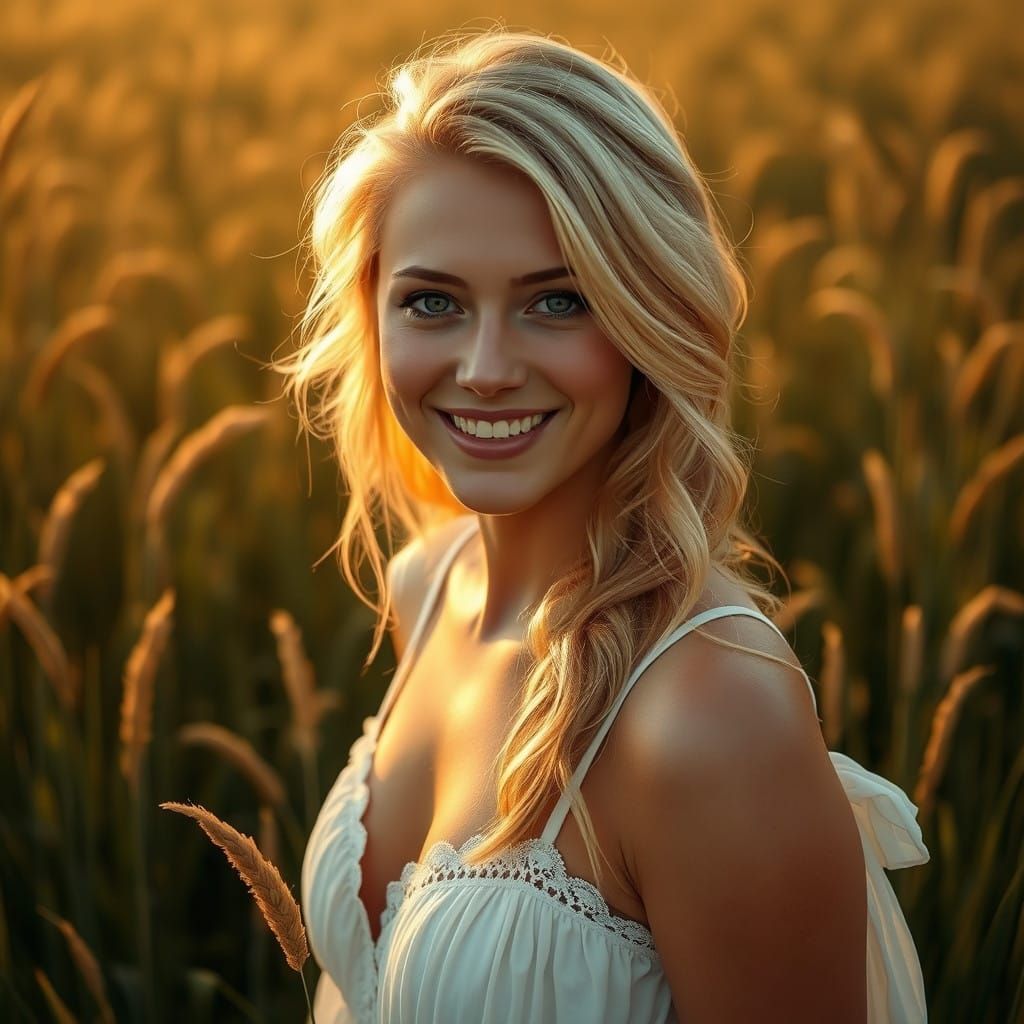 Serenely Smiling Woman in a Sunlit Field