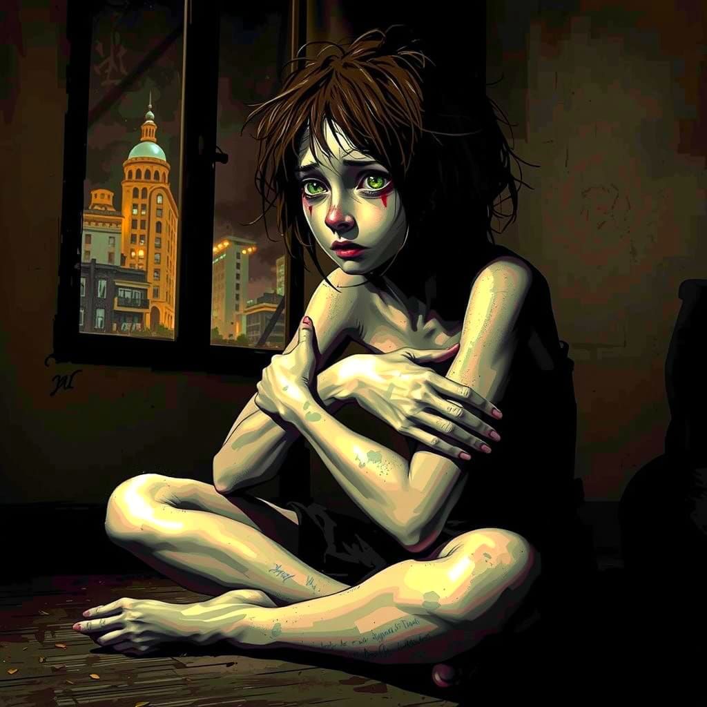 Exhausted Street Artist in a Cityscape