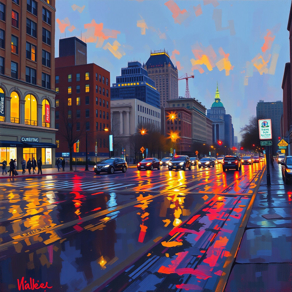 Dusk Cityscape in Impressionistic Oil Painting Style