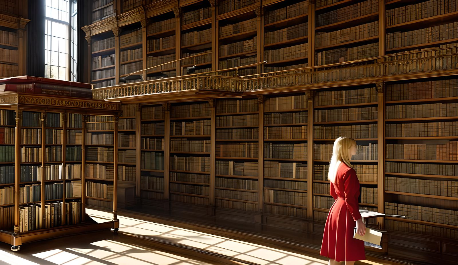 Woman Pushing Books Through Ancient Library