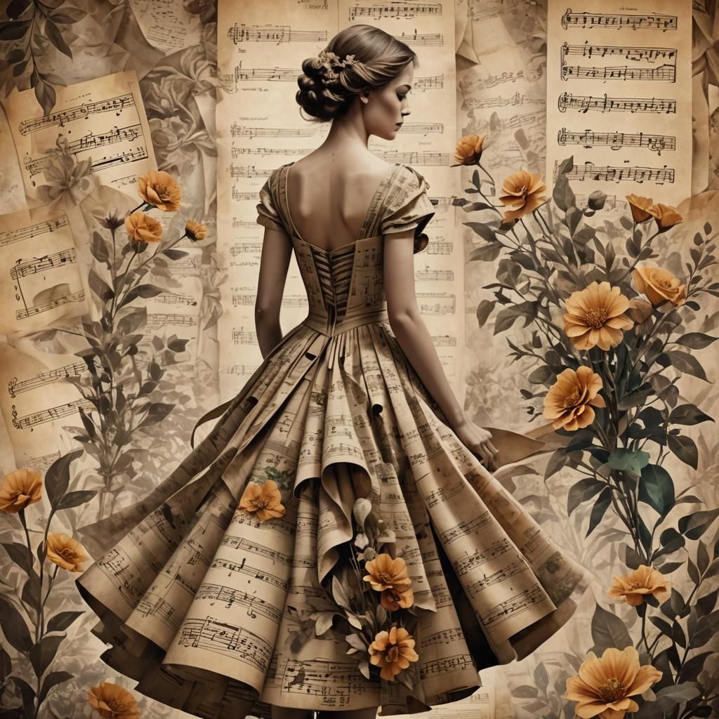 Woman's Sheet Music Dress: Collage Art in Sepia