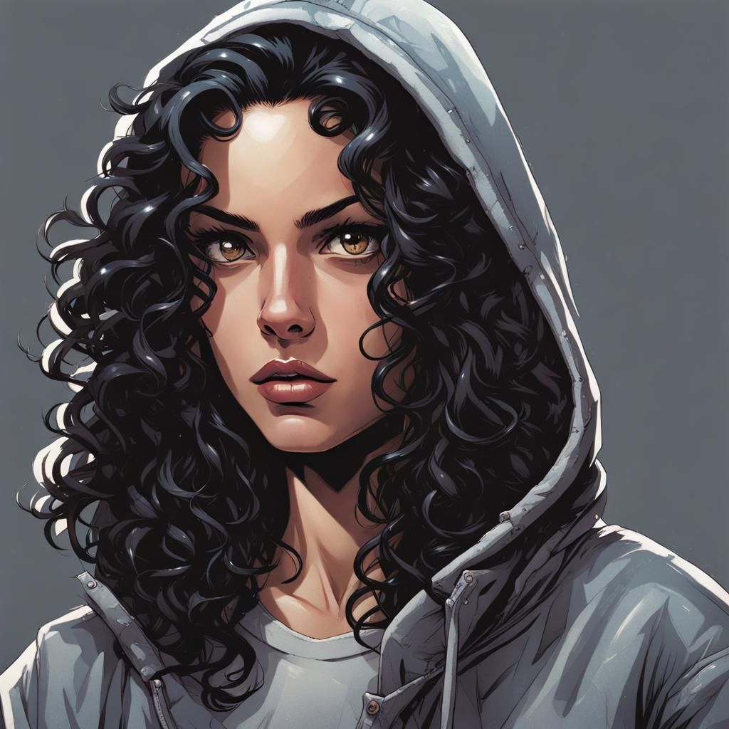 Serious Woman with Curly Hair in Comic Book Style