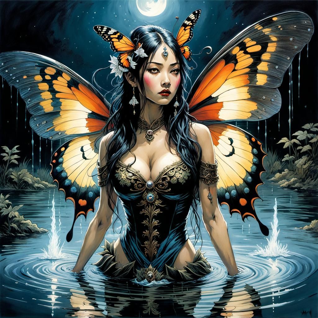 Gothic Butterfly Queen Splashing in Lake: Dark Fantasy