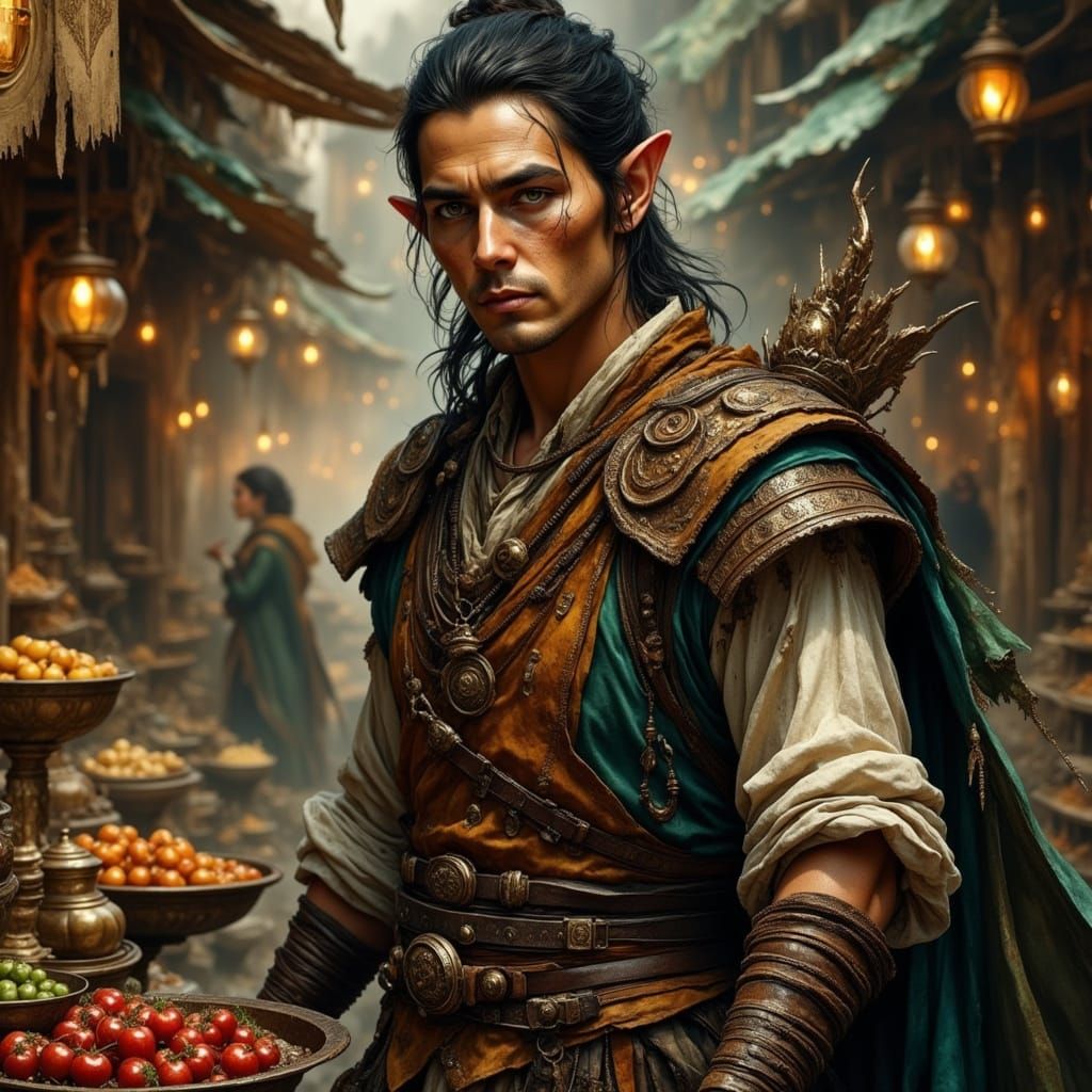 Half-Elf Shopkeeper in Market, Water-Ink Style