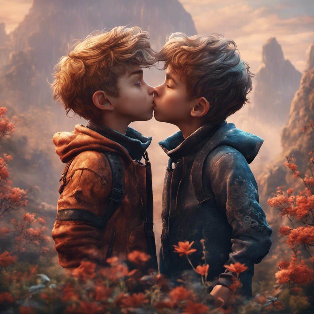 Boys' Kiss: Detailed Matte Painting in Deep Color