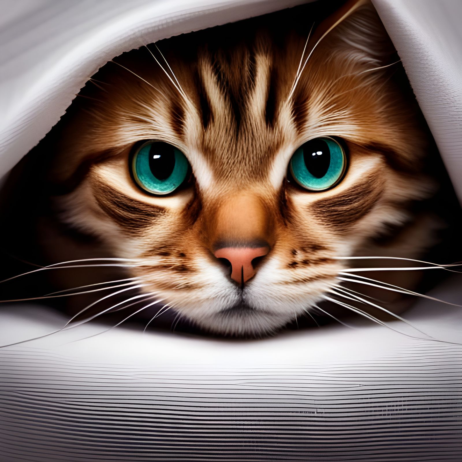 Sad Cat Portrait Resting in Bed