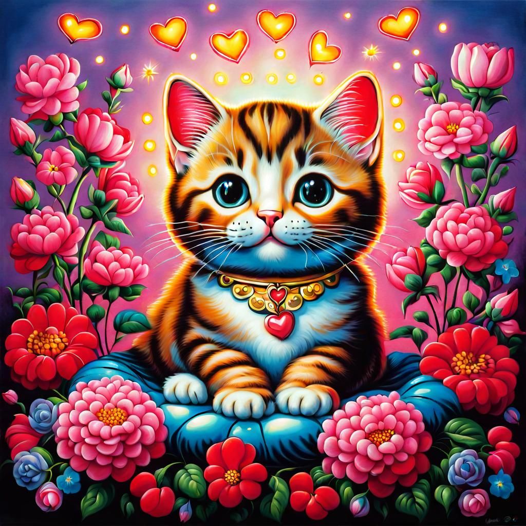Popaganda Cat Surrounded by Flowers and Hearts