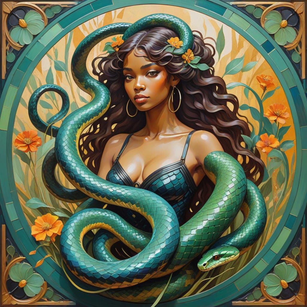 Surreal Art Nouveau Goddess with Serpent in Majestic Harmony