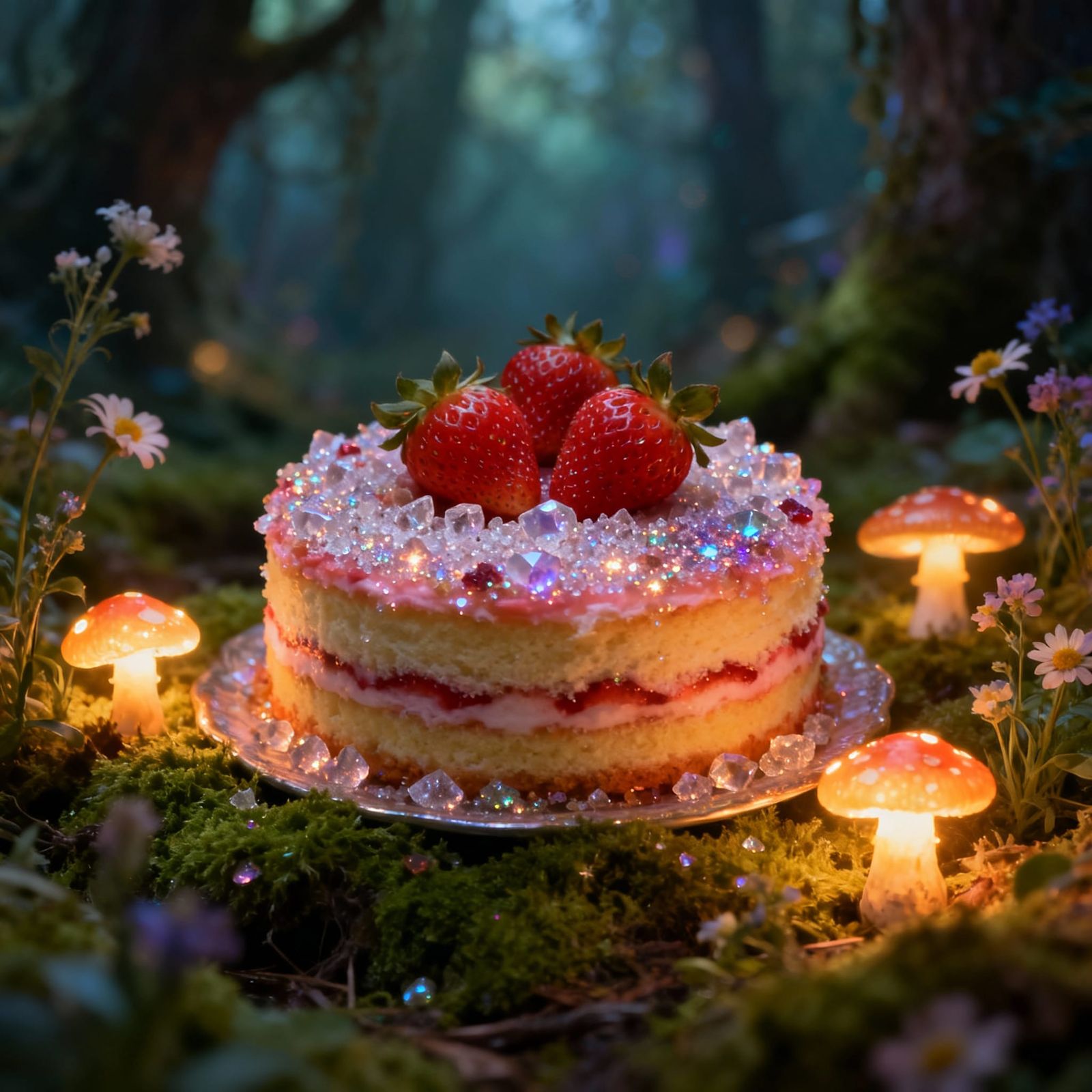 Magical Strawberry Cake on Enchanted Forest Floor