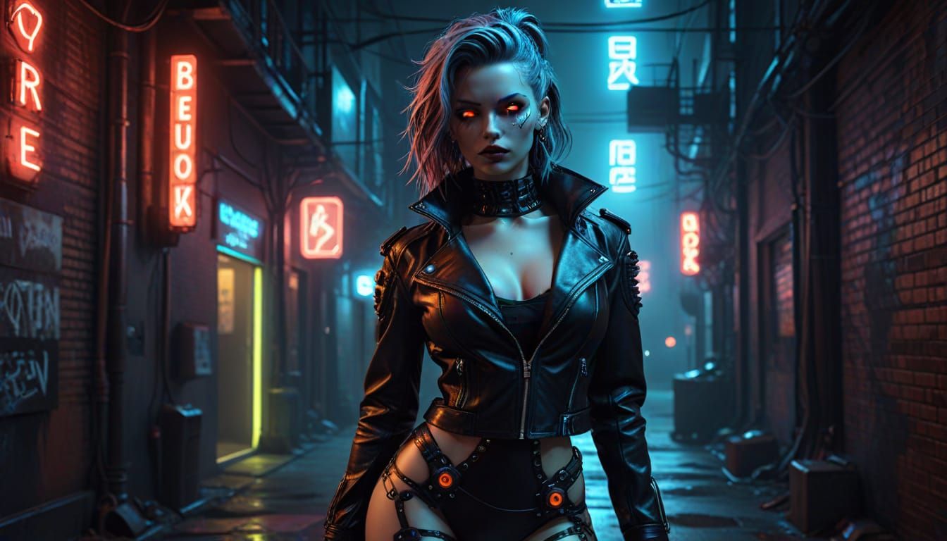 Cyberpunk Cyborg Pinup in Neon City Alleys