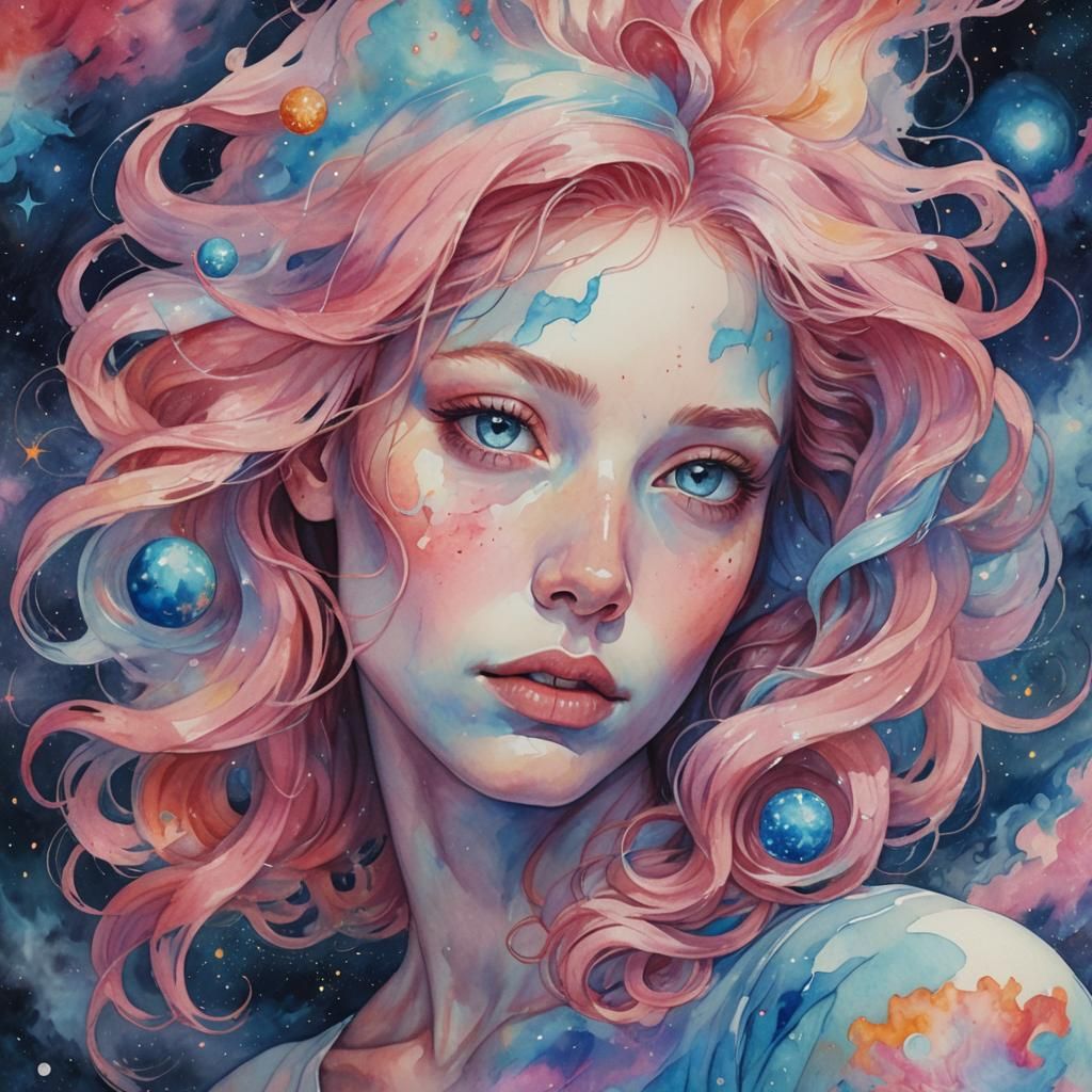 Nebula Portrait of Woman with Rainbow Hair