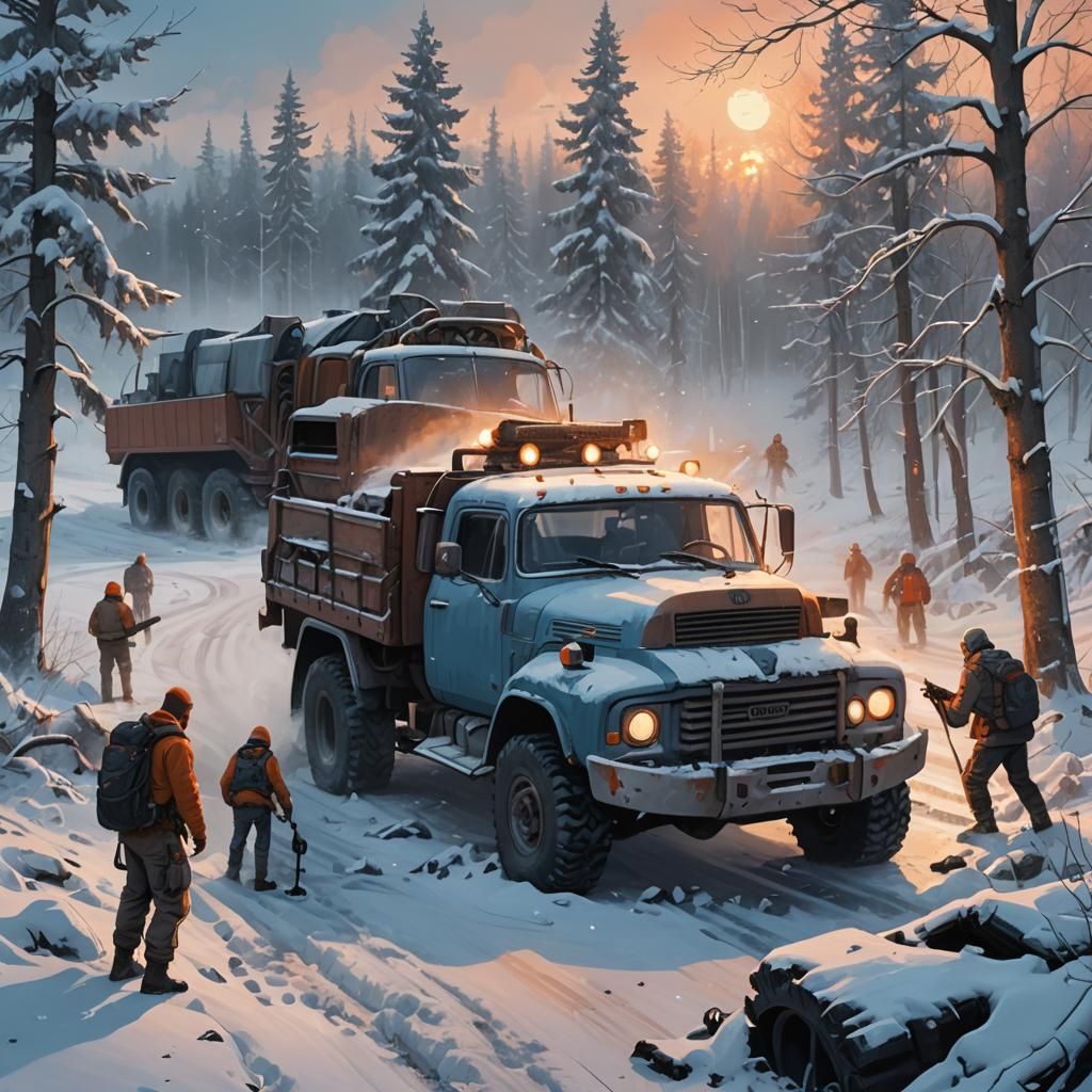 Survivalists in Devastated Winter Landscape: Digital Art