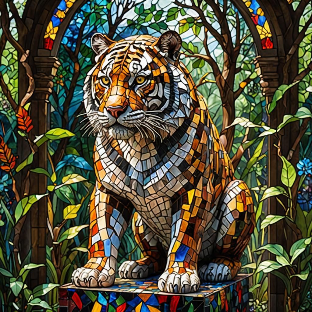 Majestic Stained Glass Tiger in Jungle Diorama