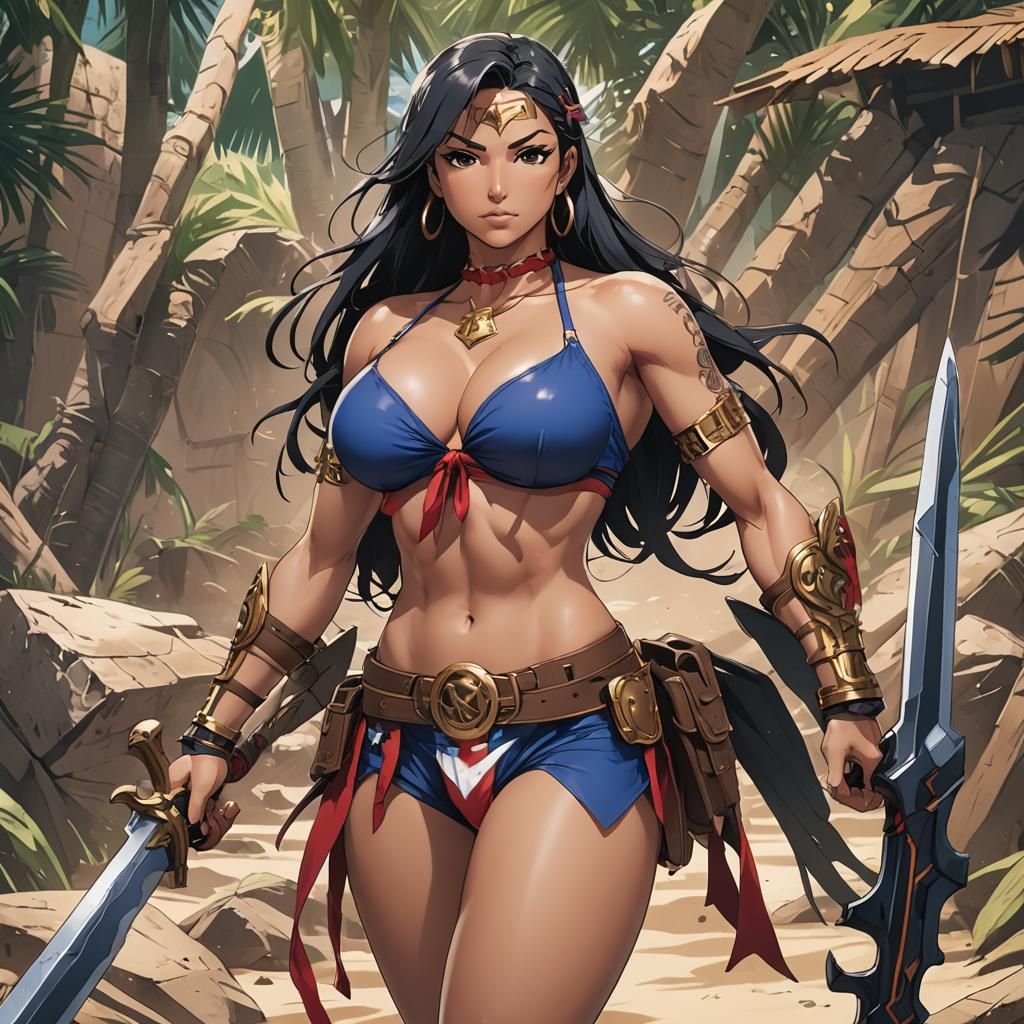 Anime Puerto Rican Woman Warrior in Cel-Shaded Style