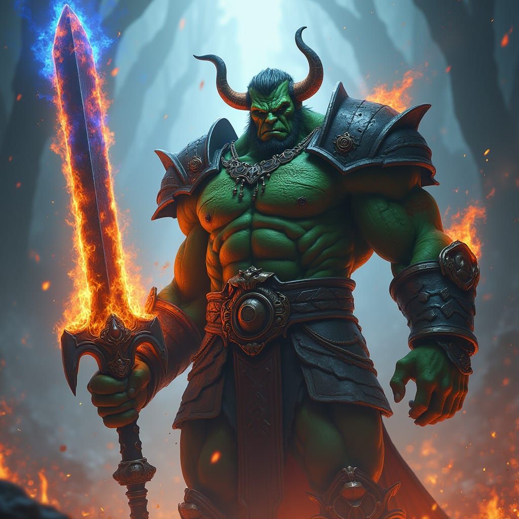 Epic Dark Fantasy Orc Warrior in Fiery Glory