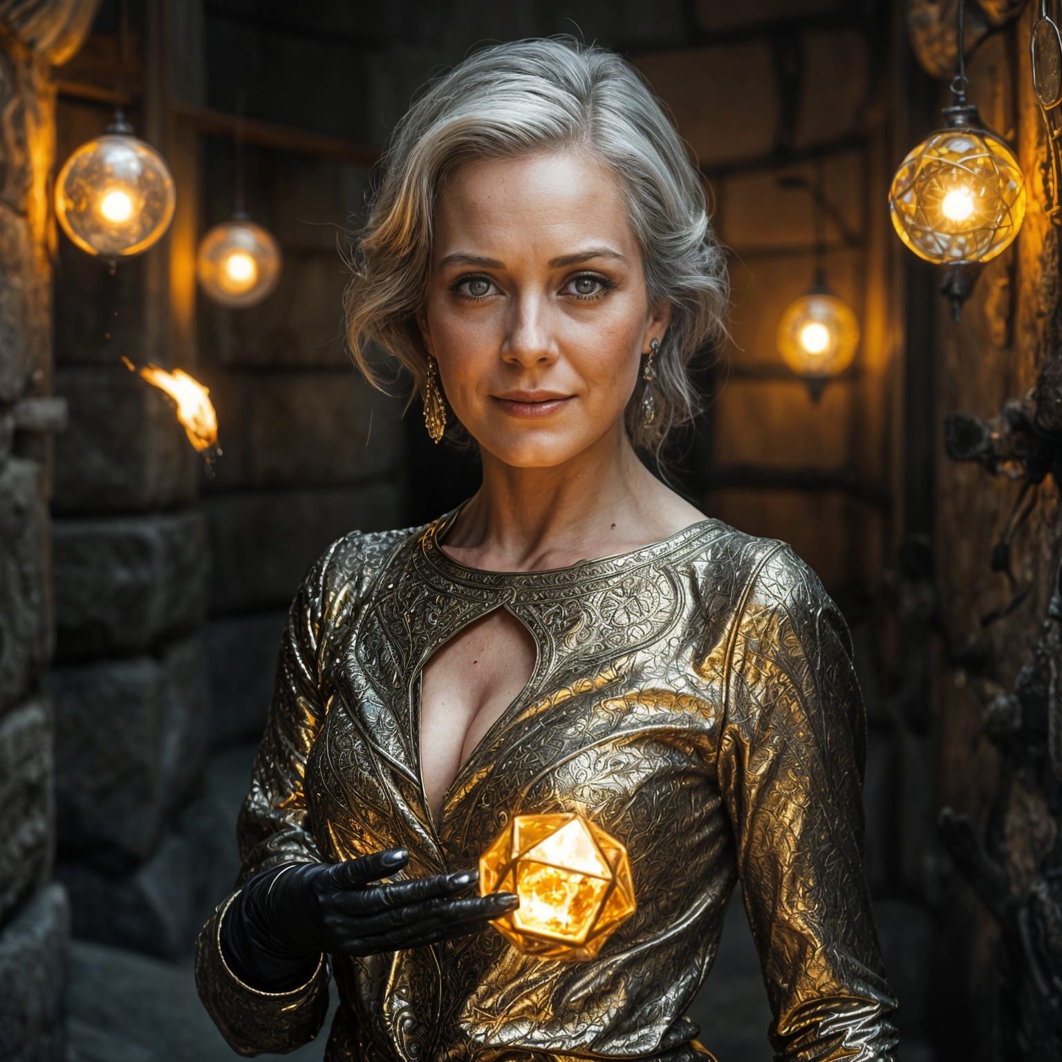 Hyperrealistic Mystic Woman in Metallic Dress and Bronze Dod...