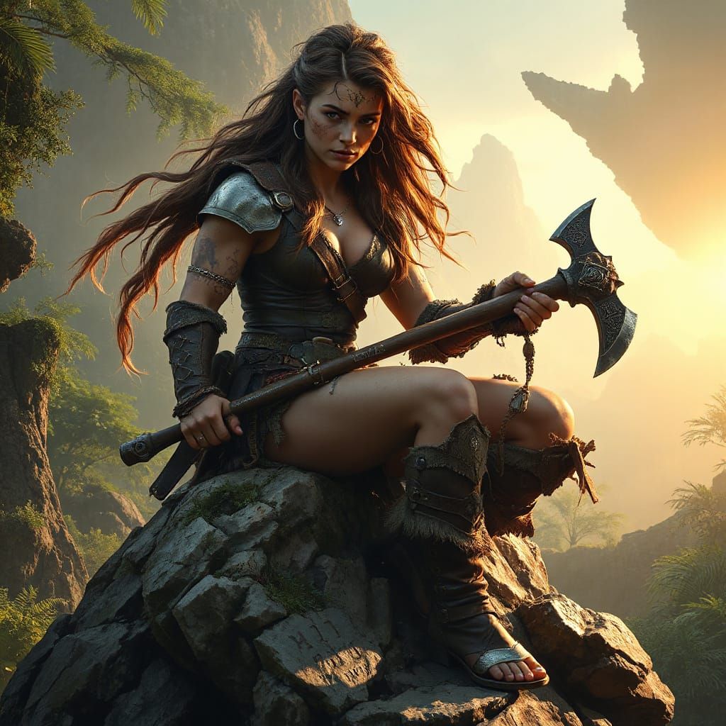 Amazon Warrior in Misty Jungle, Fantasy Artwork