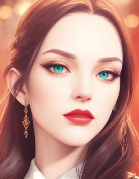 Beautiful young lady with dark burgundy long hair and bright green eyes with dark red eyeshadow with dark red eyeliner a...