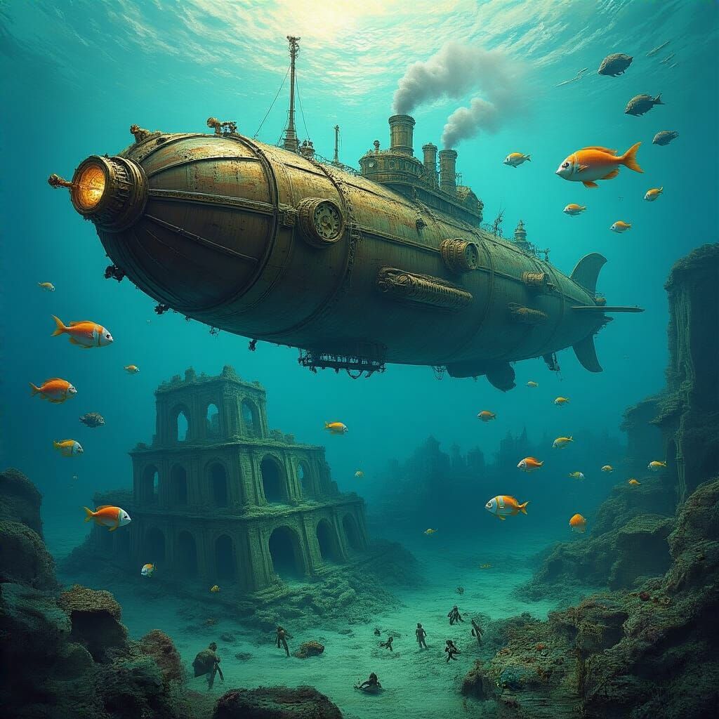 Victorian Steampunk Submarine and Sunken City Ruins