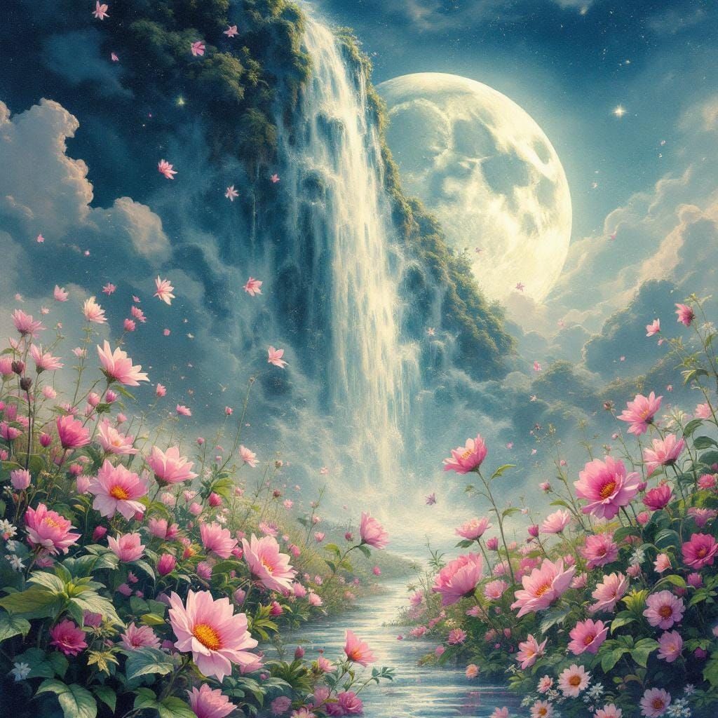 Lunar Waterfall Over Dream Garden, Surreal Illustration