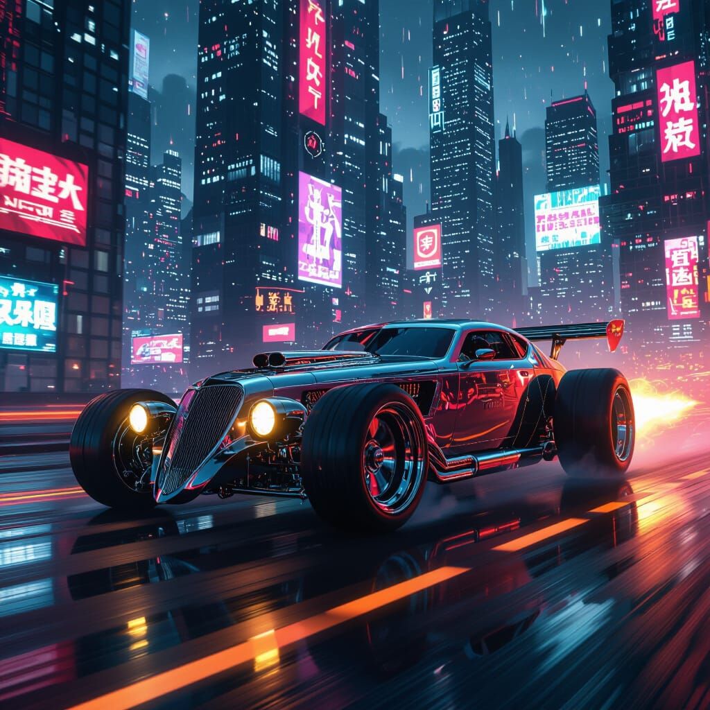 Spectral Hot Rod Races Through Cyberpunk Metropolis