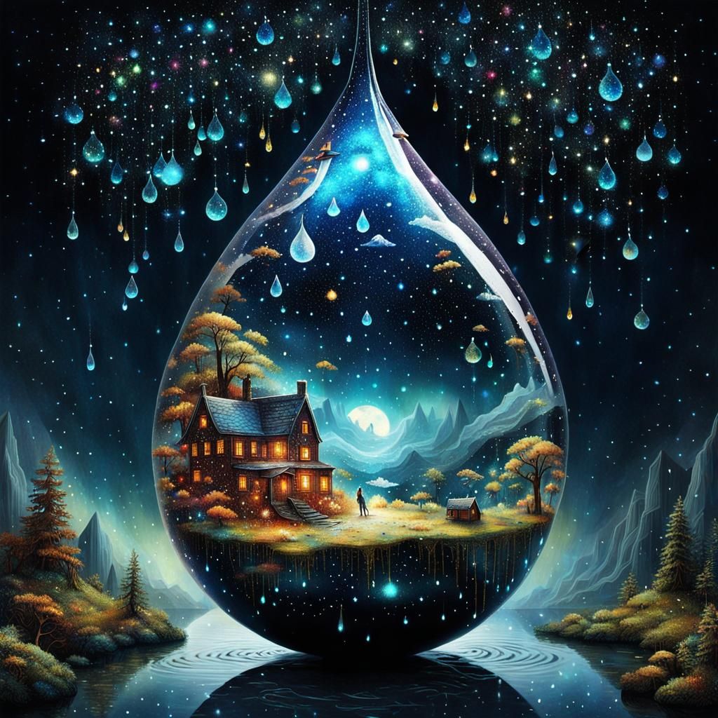 Intricate World Inside a Glittering Raindrop