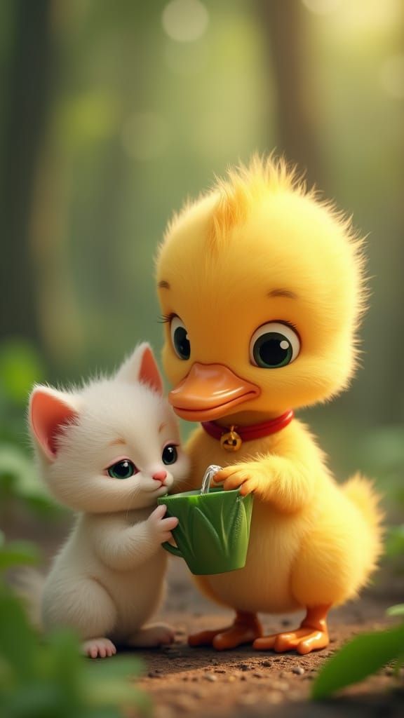 Gentle Duckling Offers Healing to a Soothed Kitten in a Whim...