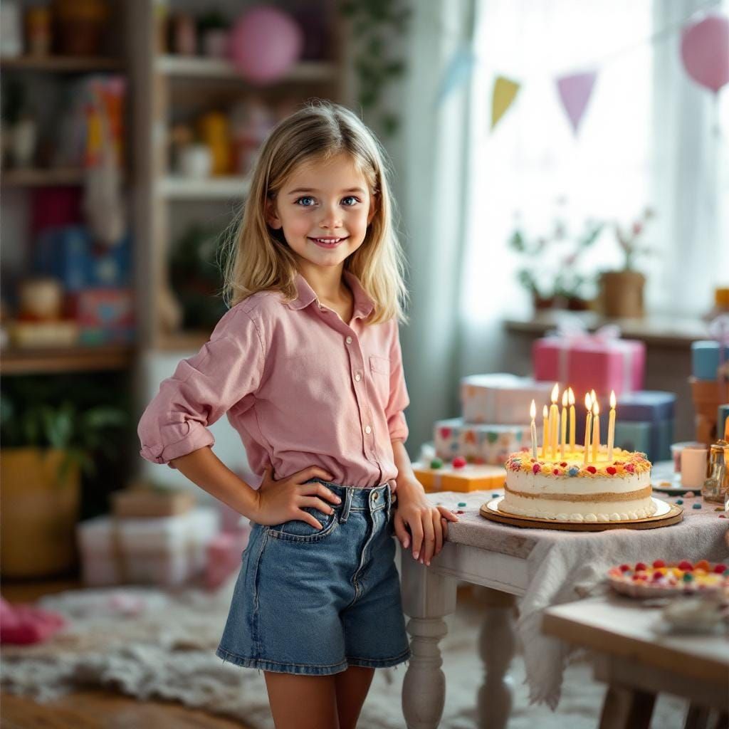 Joyful Birthday Portrait of Blonde Girl with Gifts