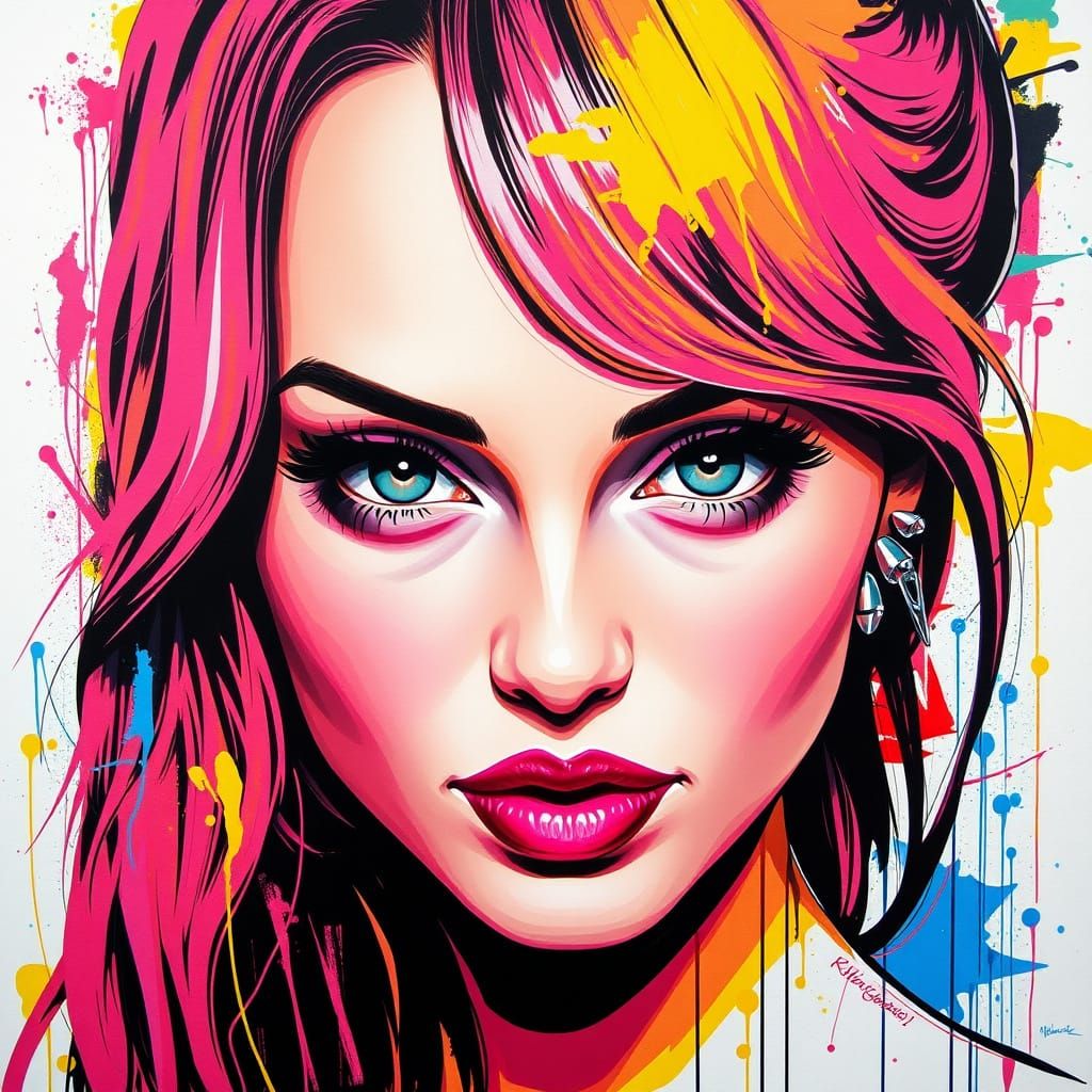 Polychrome Pop Art Portrait with Graffiti Elements