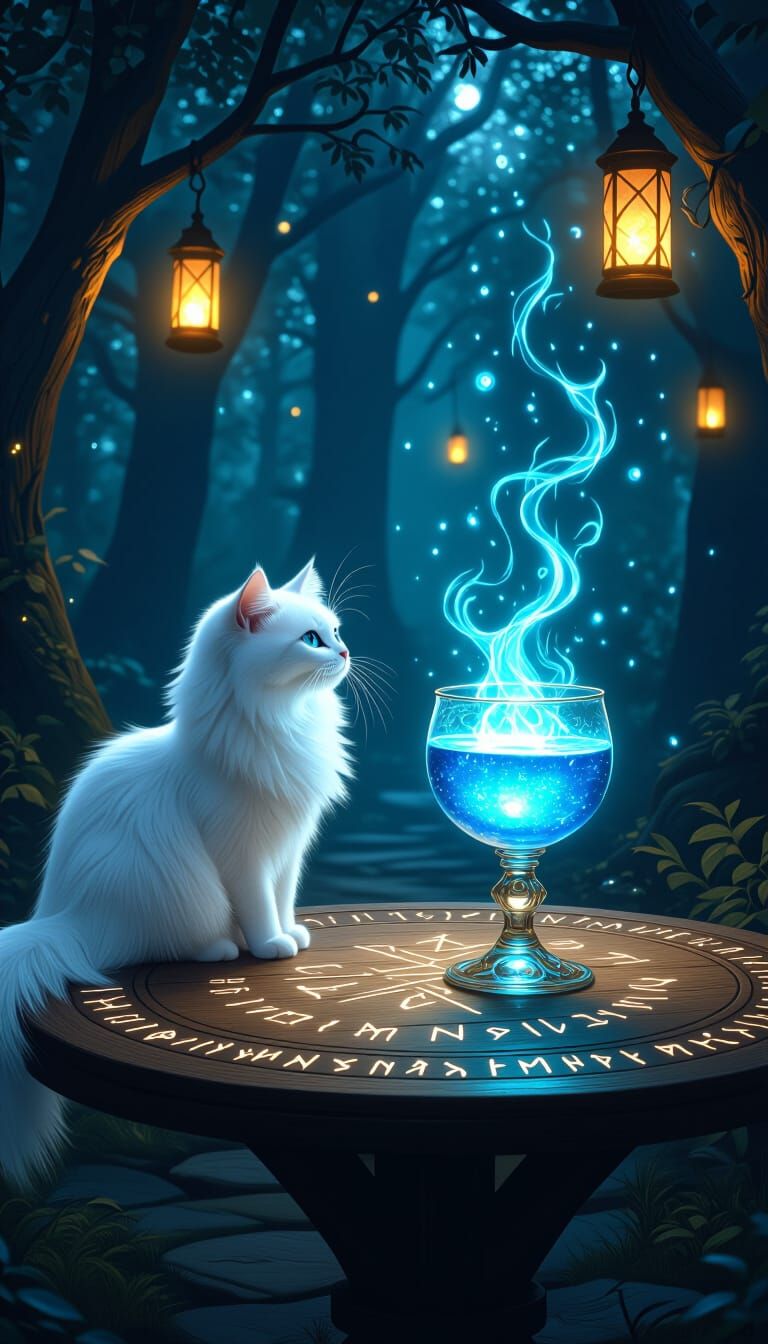White Cat Gazes at Glowing Chalice in Enchanted Forest