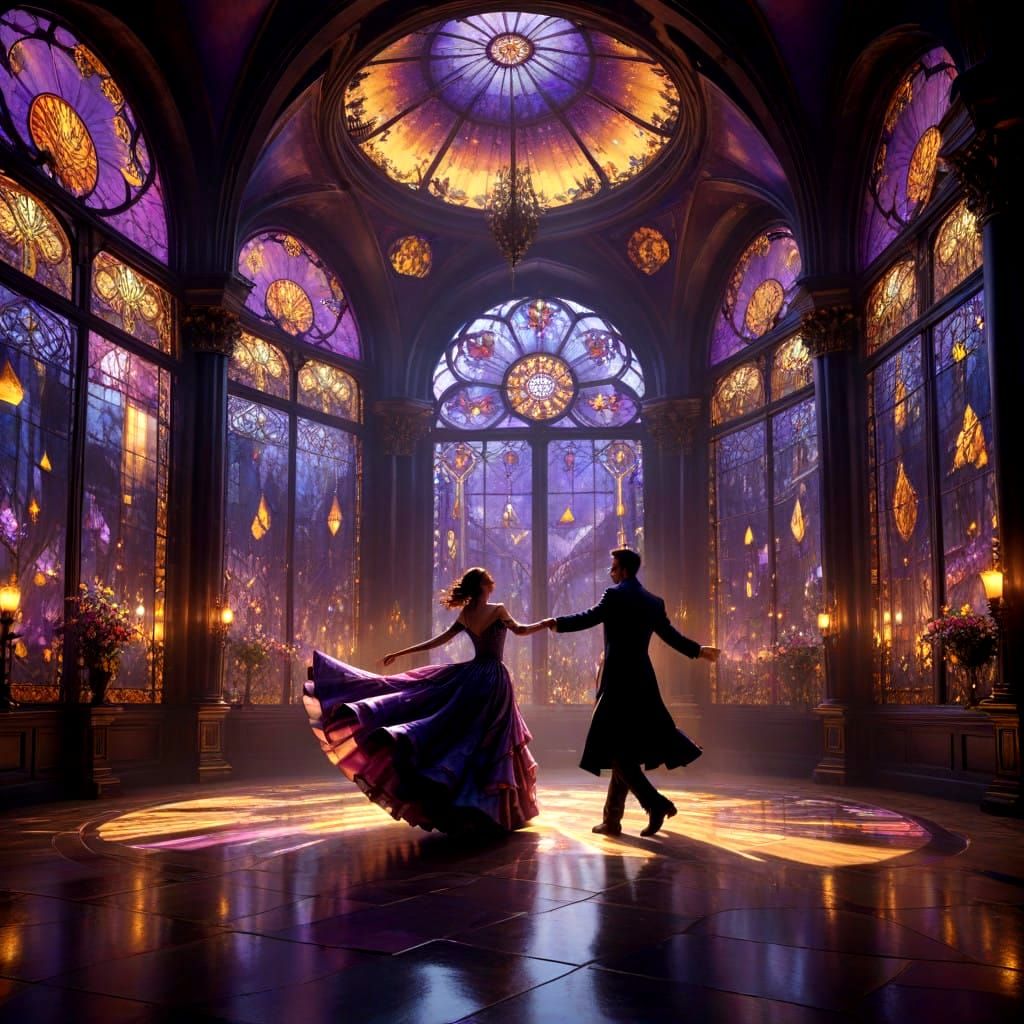 Elegant Waltzing Dancers in Vibrant Ballroom Setting