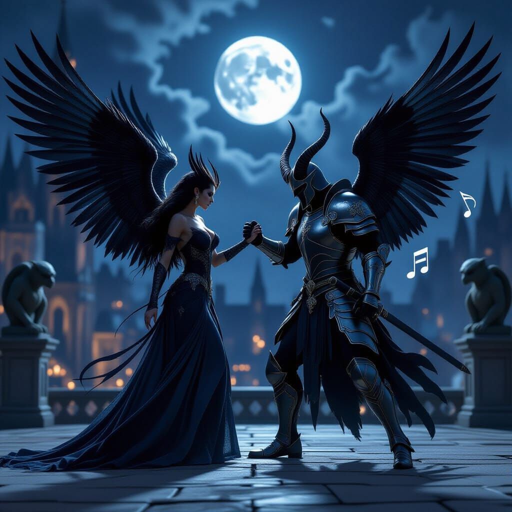 Gothic Harpy and Paladin Dance Under Moonlight