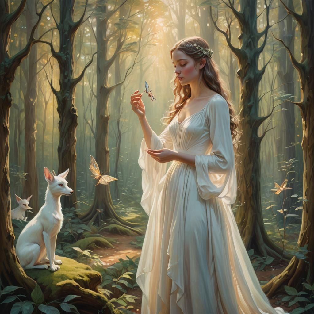 Introspective Woman with Elf Figurine in Surrealist Forest