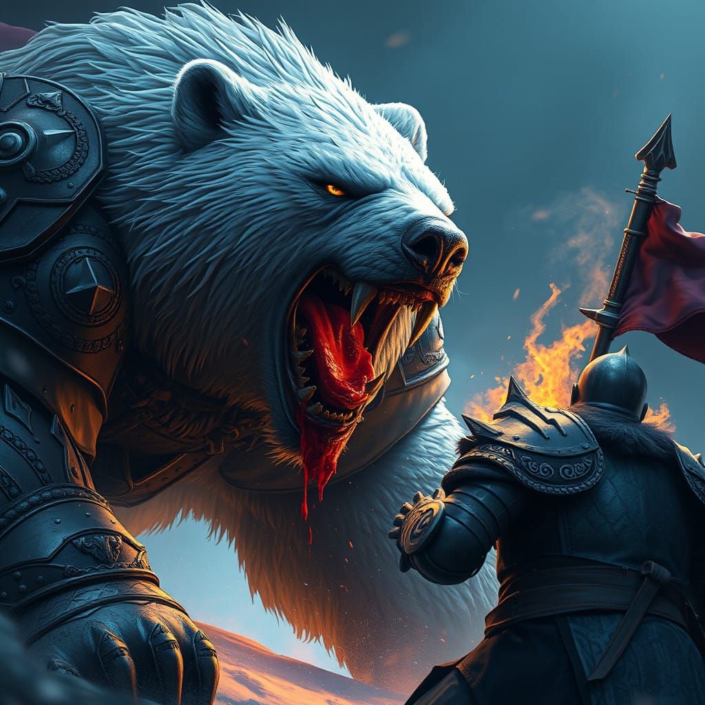 Majestic Dark Fantasy Warrior Bear Roars at Frightened Knigh...