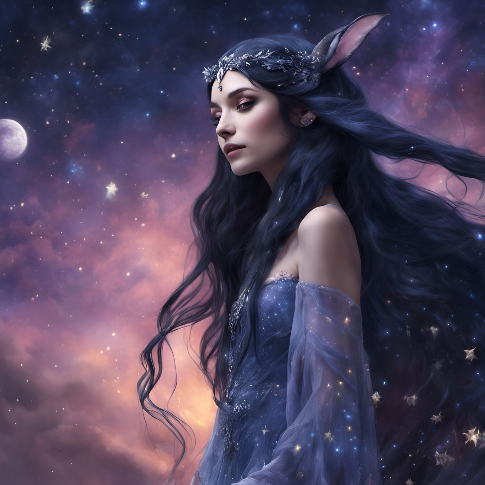 Enchanting Druidess in Galaxy Gown with Pet Bunny