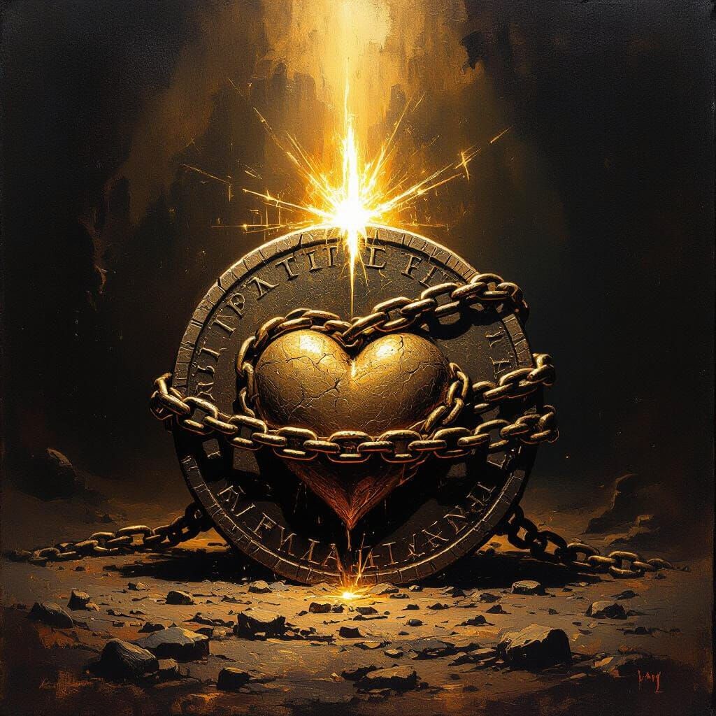 Ancient Coin: Heart Freed from Chains in Baroque Style