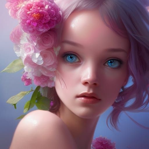 Fairy Portrait in Pink Flower, Hyperdetailed Art