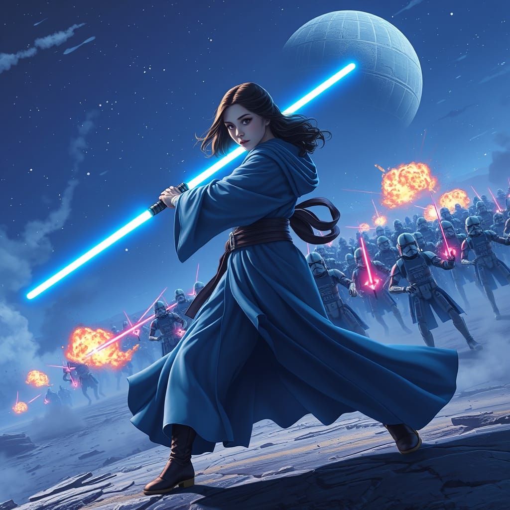 Jedi Battles Droids on Blue Planet in Anime Style